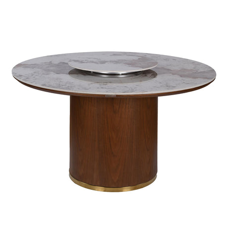 Empera 6 Seater Sintered Top Round Dining Table- Beige & Walnut