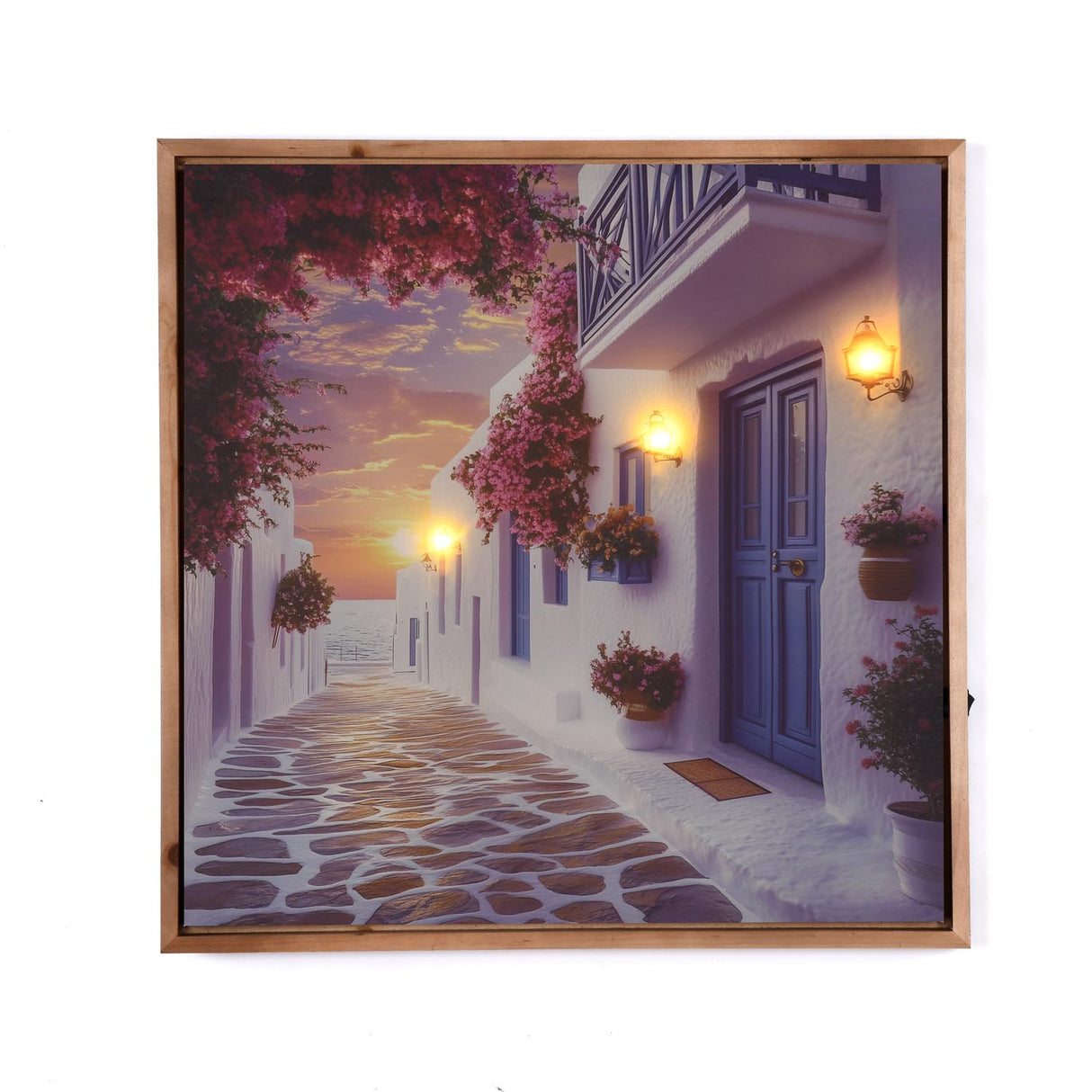 Santorini Street Canvas Wall Painting with LED Light- Blue