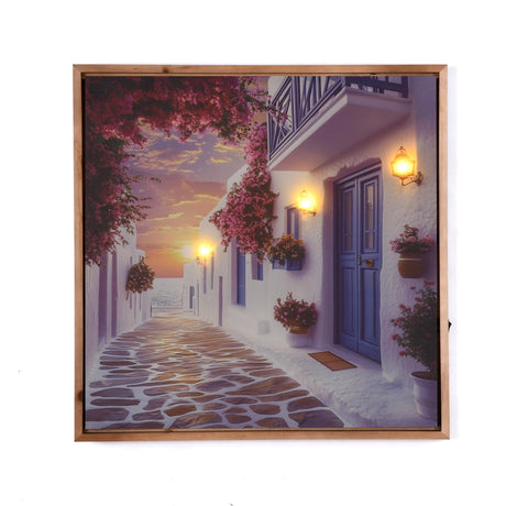 Santorini Street Canvas Wall Painting with LED Light- Blue