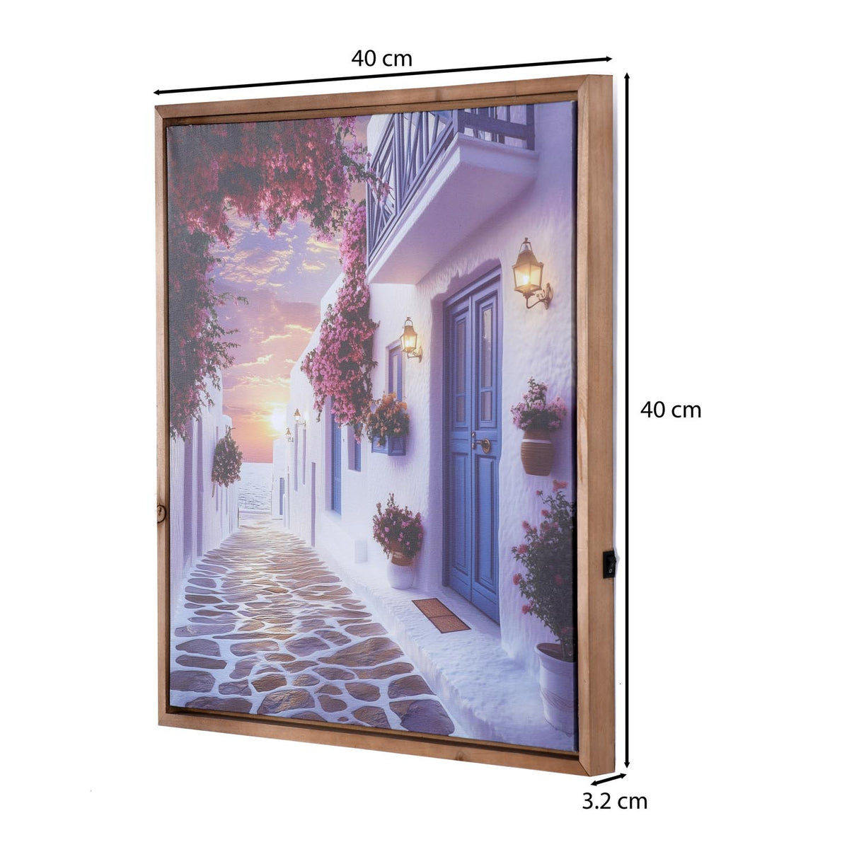 Santorini Street Canvas Wall Painting with LED Light- Blue