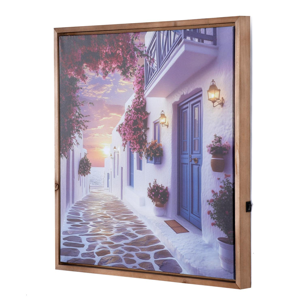 Santorini Street Canvas Wall Painting with LED Light- Blue