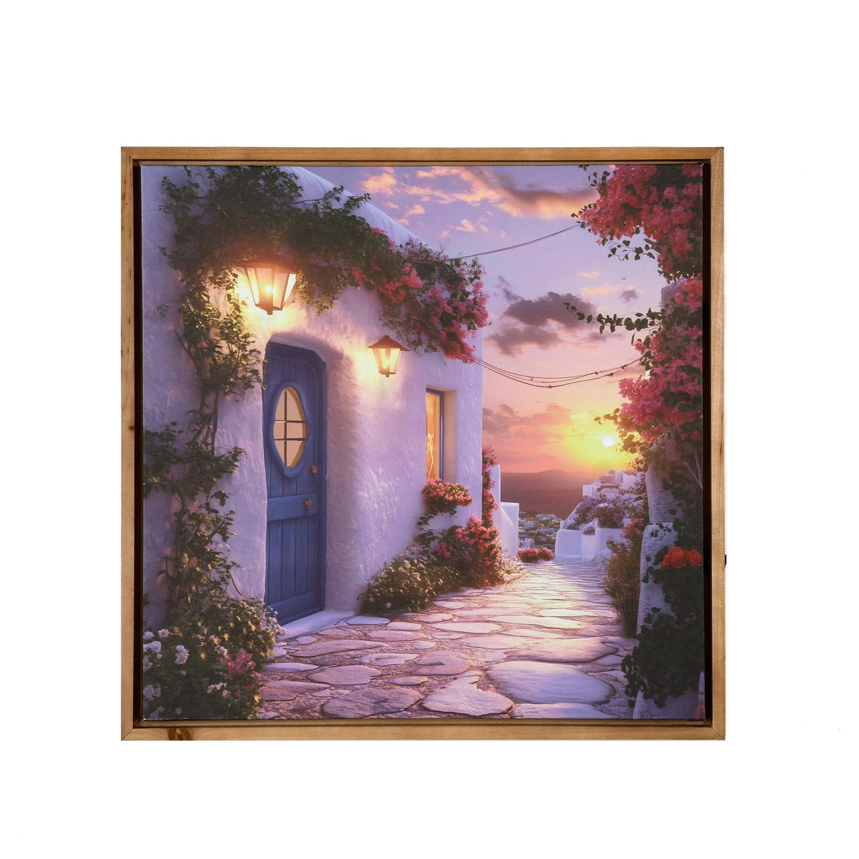 Santorini Sunset Canvas Wall Painting with LED Light- Blue