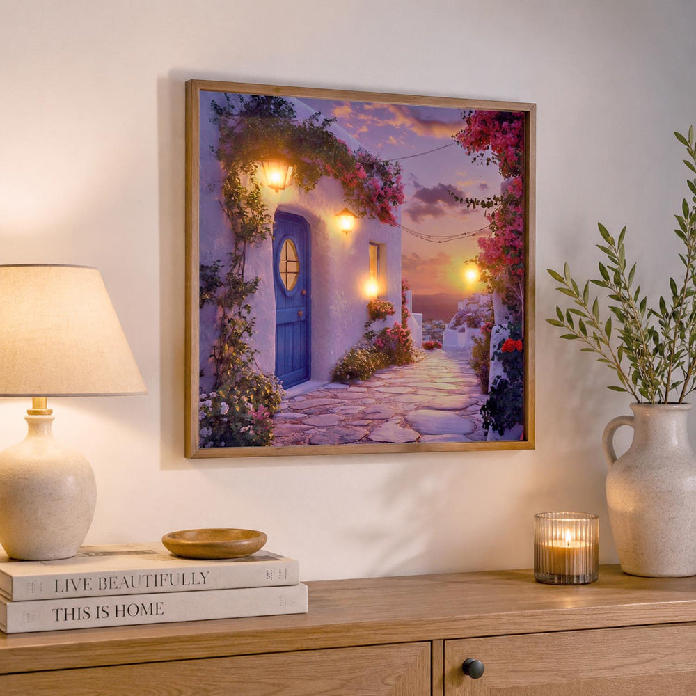 Santorini Sunset Canvas Wall Painting with LED Light- Blue