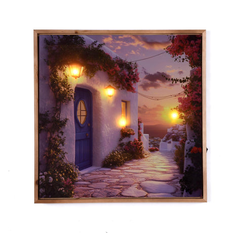 Santorini Sunset Canvas Wall Painting with LED Light- Blue