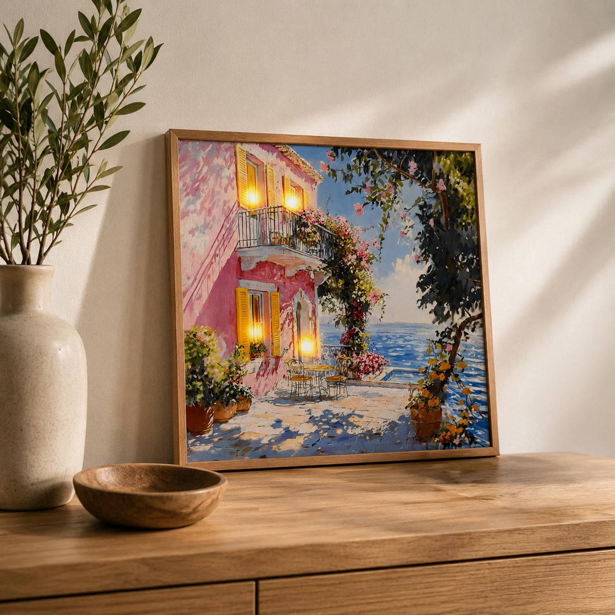 Beachside Bungalow Canvas Wall Painting with LED Light- Pink