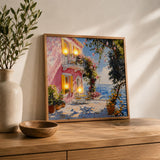 Beachside Bungalow Canvas Wall Painting with LED Light- Pink