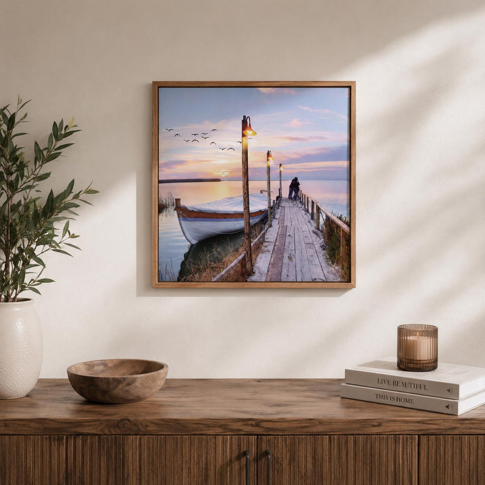 Boat On Dock Canvas Wall Painting with LED Light- Brown