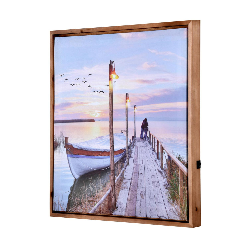 Boat On Dock Canvas Wall Painting with LED Light- Brown