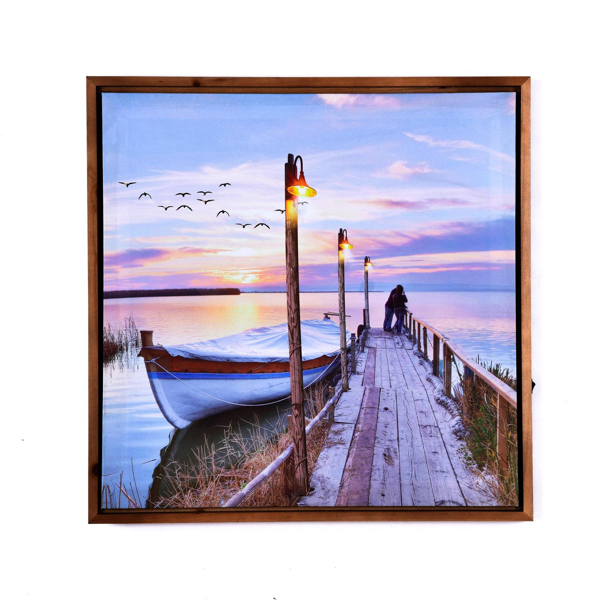 Boat On Dock Canvas Wall Painting with LED Light- Brown