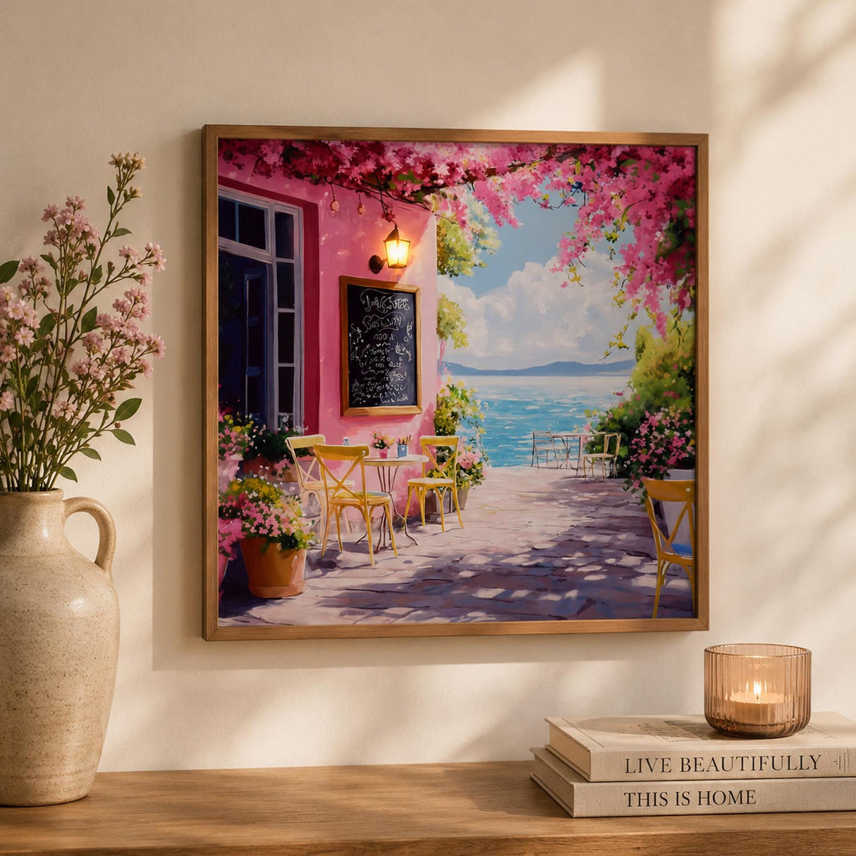 Bougainvillea Cafe Canvas Wall Painting with LED Light- Pink
