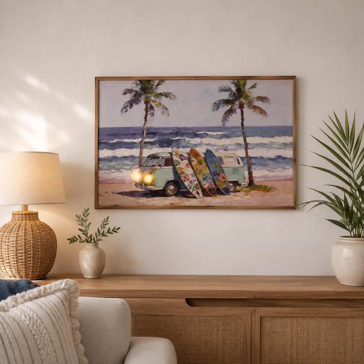 Surf Boards and Van Canvas Wall Painting with LED Light- Multicolor