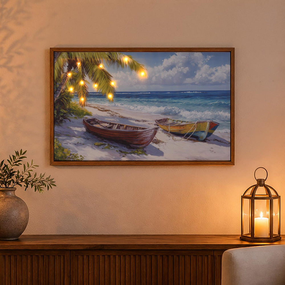 Beach Boat Canvas Wall Painting with LED Light- Multicolor