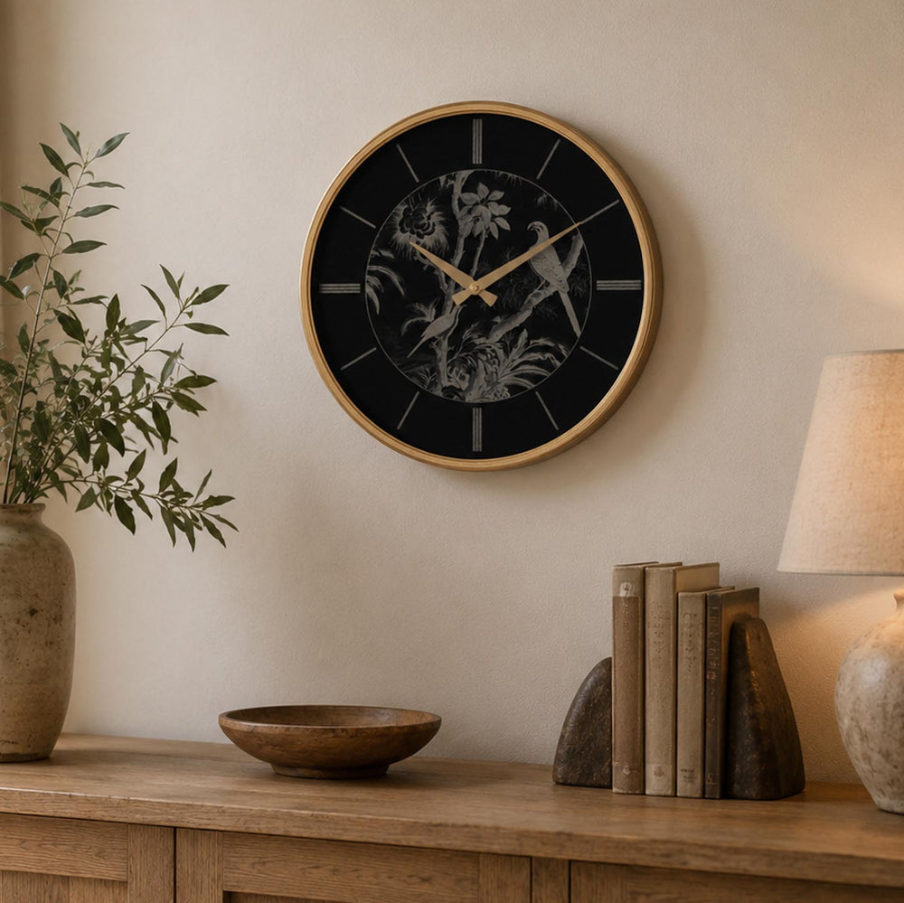 Birds On Dial Wall Clock- Black