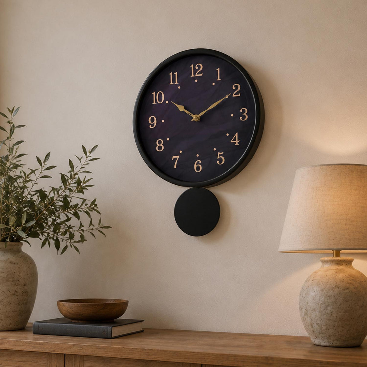Round Wall Clock with Pendulum- Black