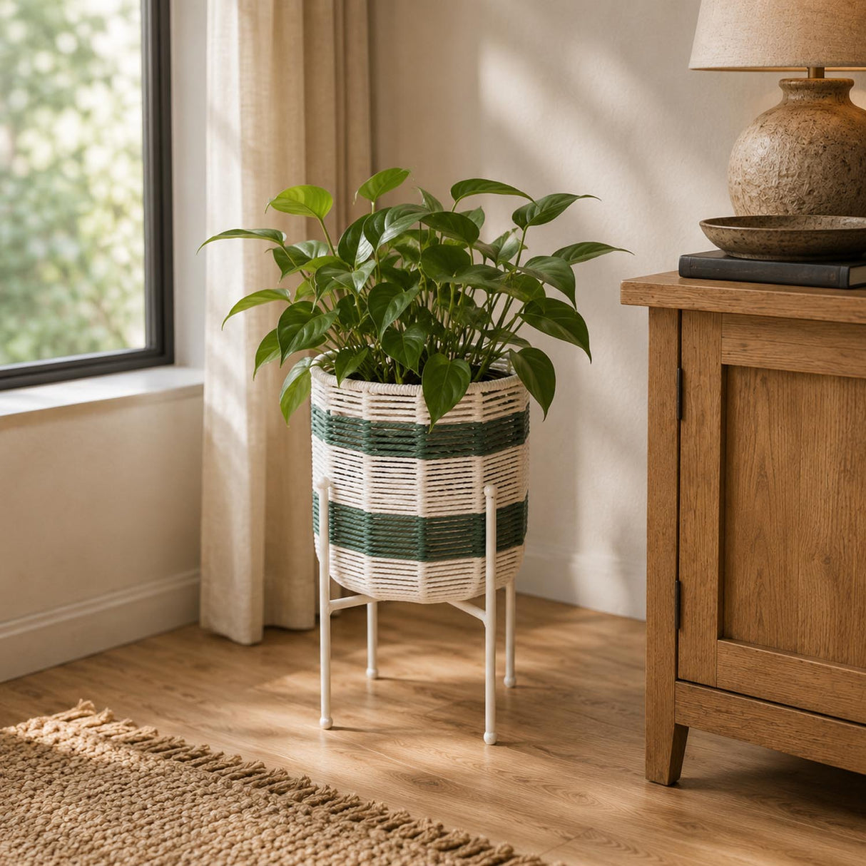 Decorative Woven Cotton and Iron Planter with Stand- Green & Beige, Small