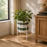Decorative Woven Cotton and Iron Planter with Stand- Green & Beige, Small