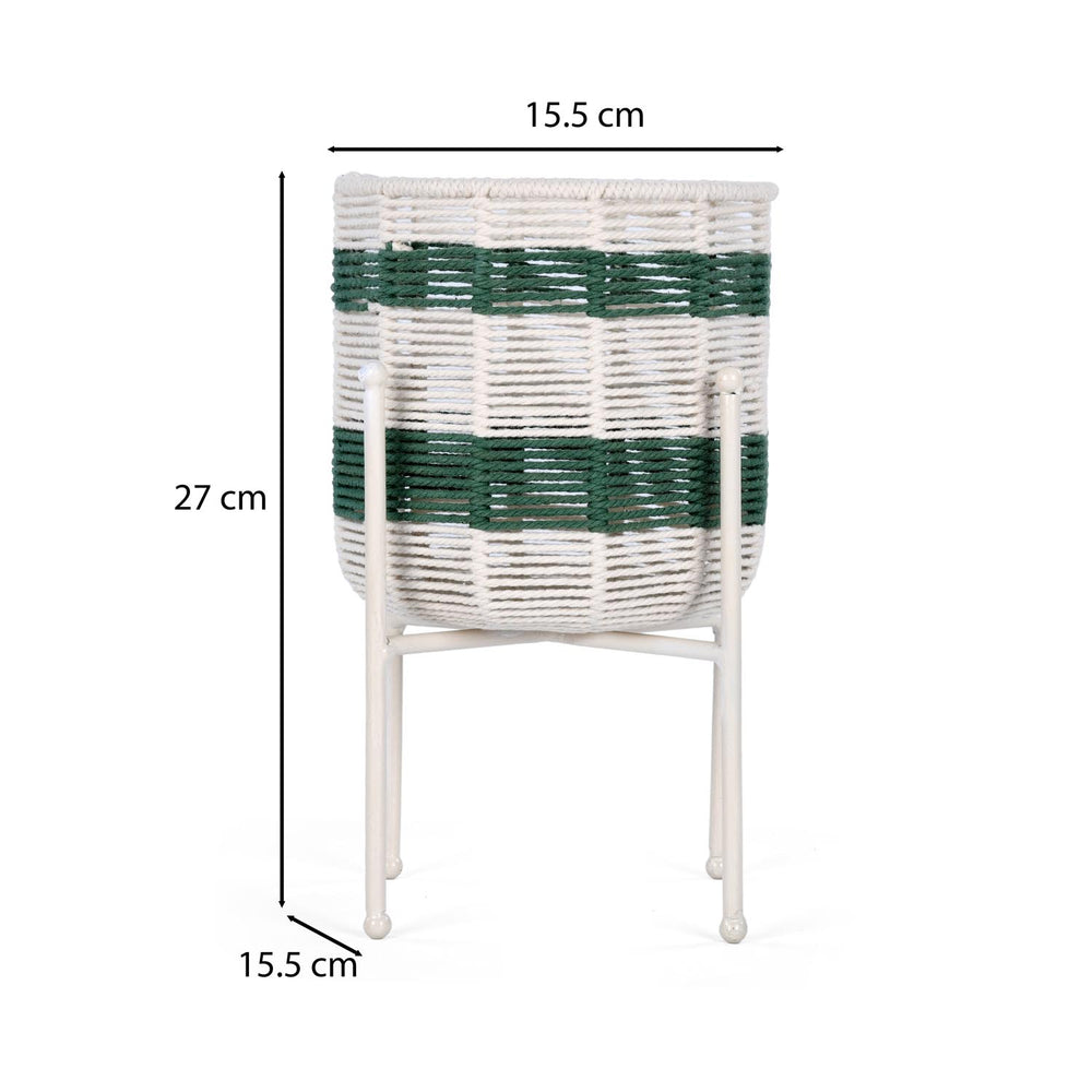 Decorative Woven Cotton and Iron Planter with Stand- Green & Beige, Small