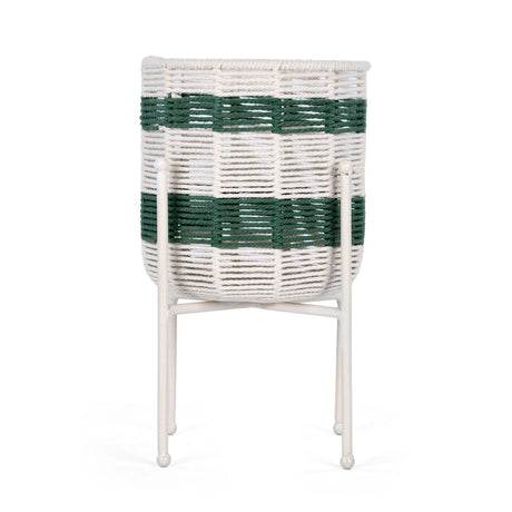 Decorative Woven Cotton and Iron Planter with Stand- Green & Beige, Small