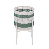 Decorative Woven Cotton and Iron Planter with Stand- Green & Beige, Small