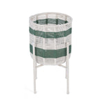 Decorative Woven Cotton and Iron Planter with Stand- Green & Beige, Small