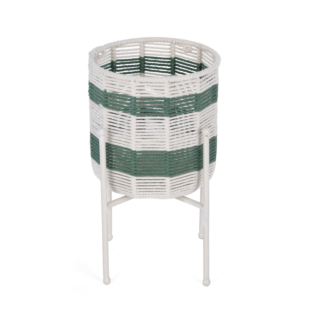 Decorative Woven Cotton and Iron Planter with Stand- Green & Beige, Small