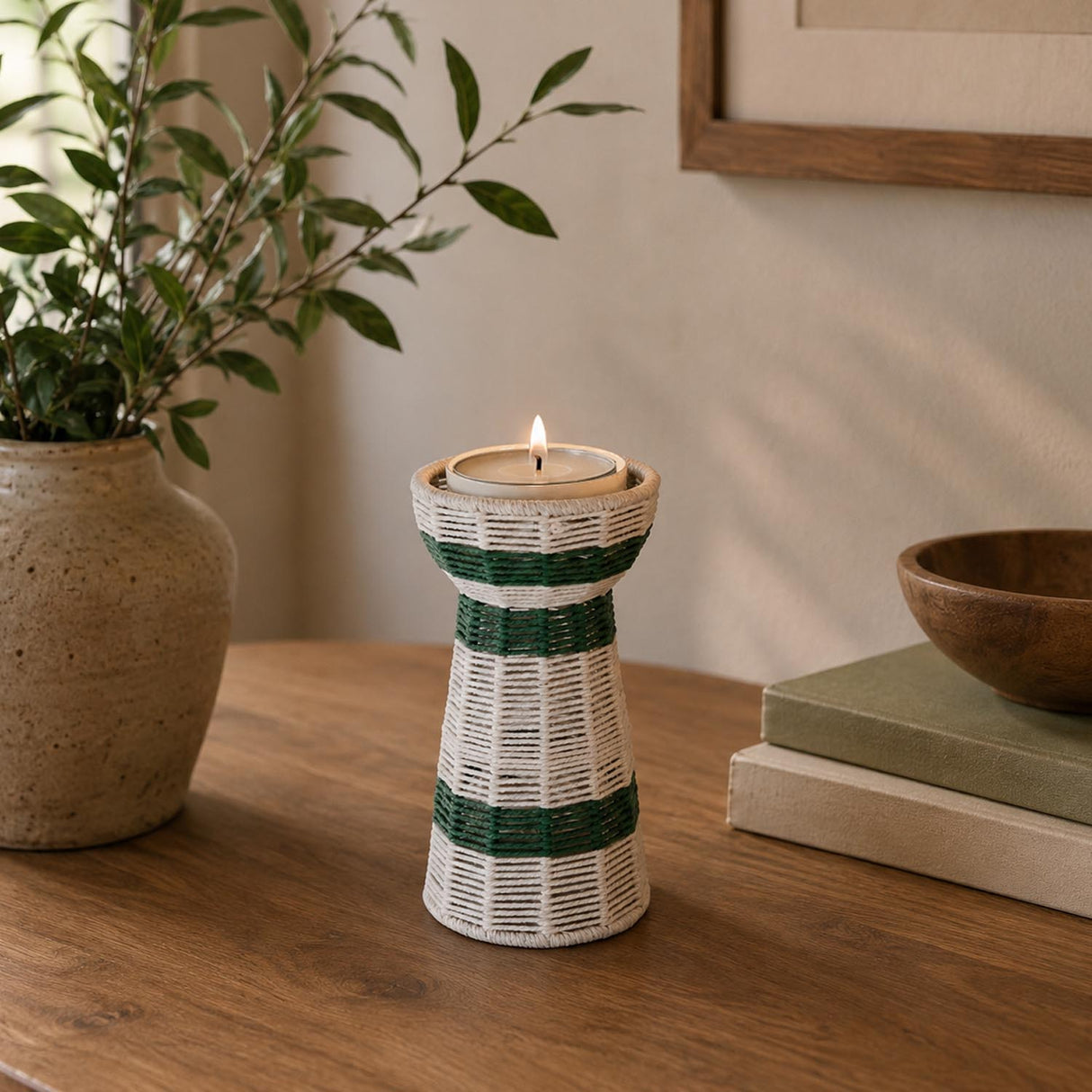Decorative Tapered Candle Holder- Green & Beige, Medium