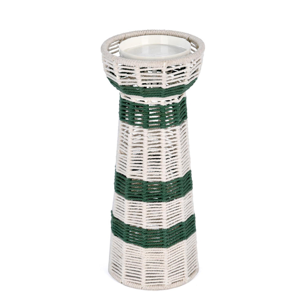 Decorative Tapered Candle Holder- Green & Beige, Large