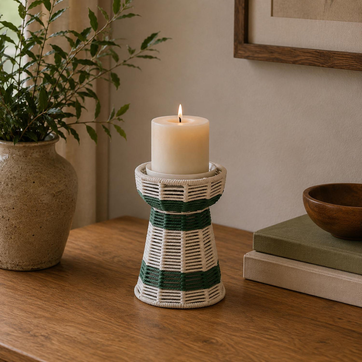 Decorative Tapered Candle Holder- Green & Beige, Small