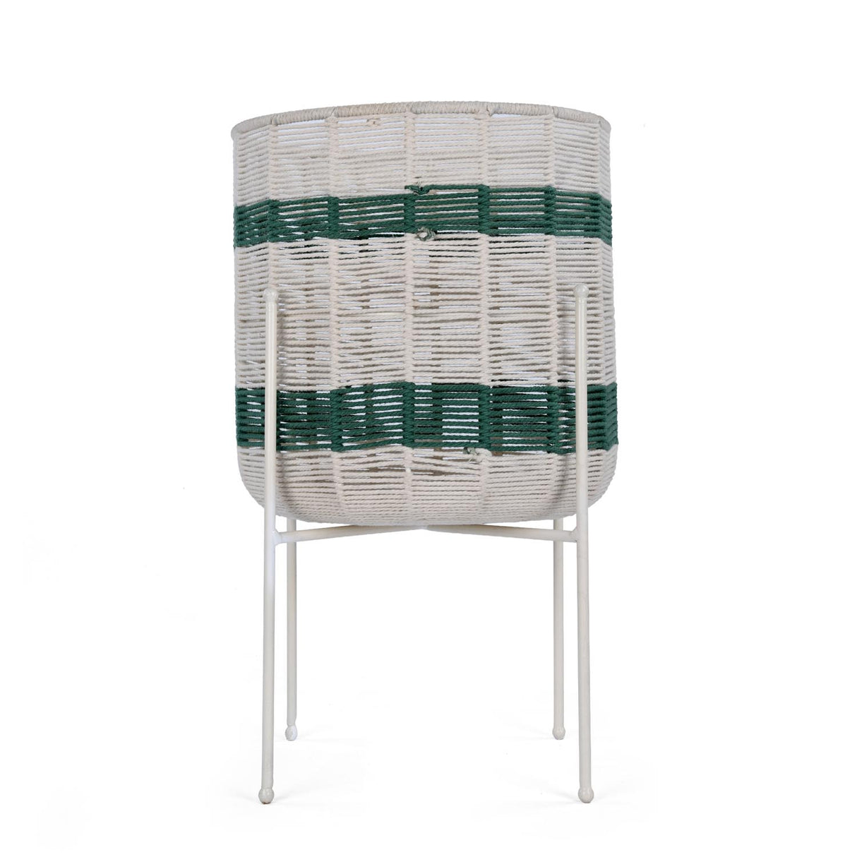 Decorative Woven Cotton and Iron Planter with Stand- Green & Beige, Large