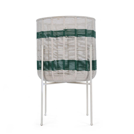 Decorative Woven Cotton and Iron Planter with Stand- Green & Beige, Large