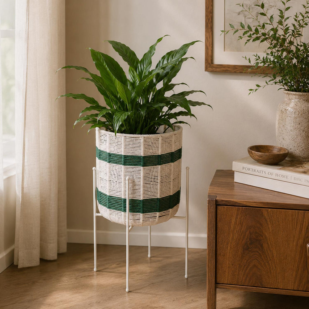 Decorative Woven Cotton and Iron Planter with Stand- Green & Beige, Large