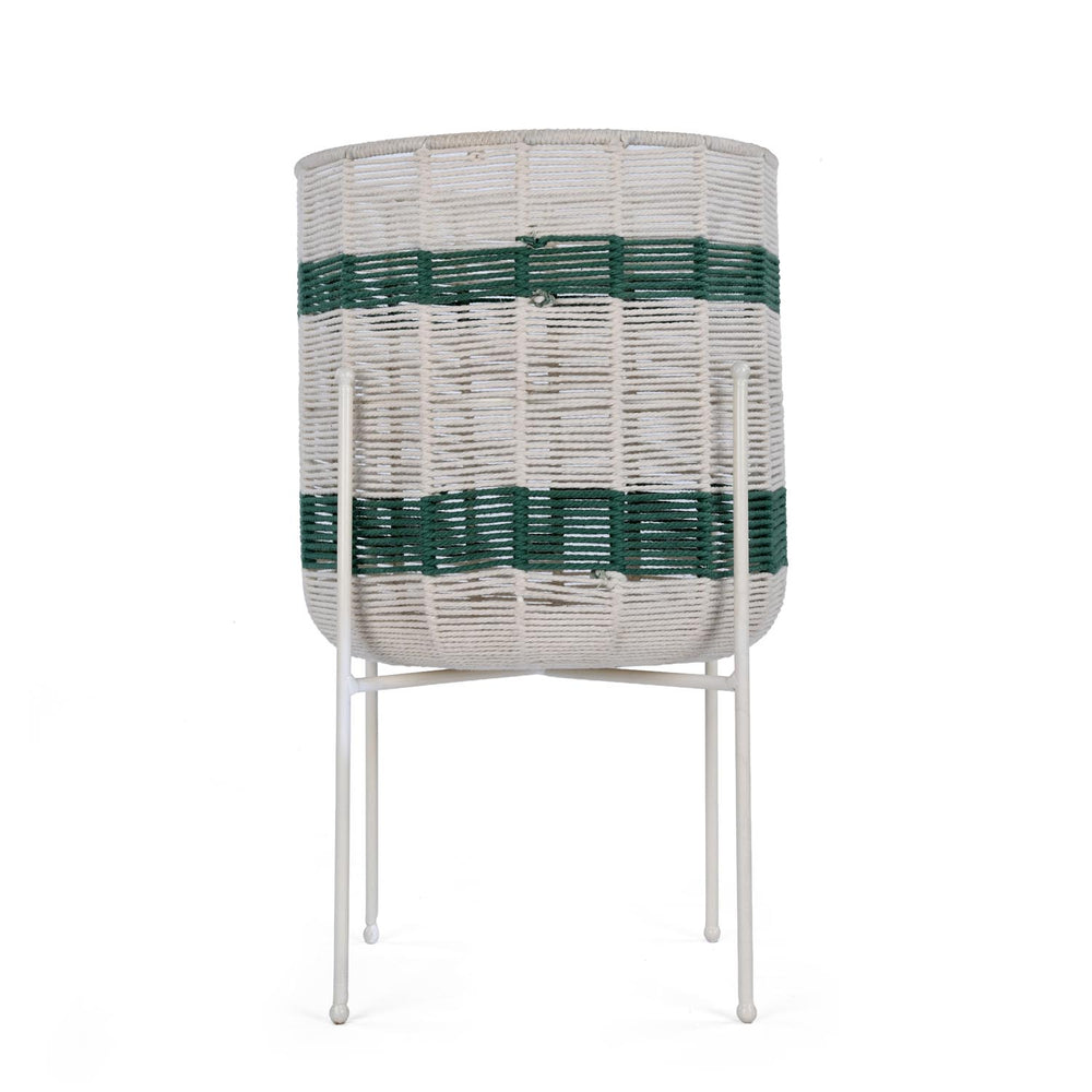 Decorative Woven Cotton and Iron Planter with Stand- Green & Beige, Large
