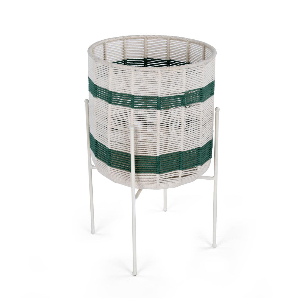 Decorative Woven Cotton and Iron Planter with Stand- Green & Beige, Large