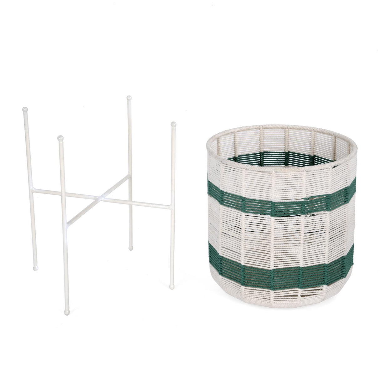 Decorative Woven Cotton and Iron Planter with Stand- Green & Beige, Large