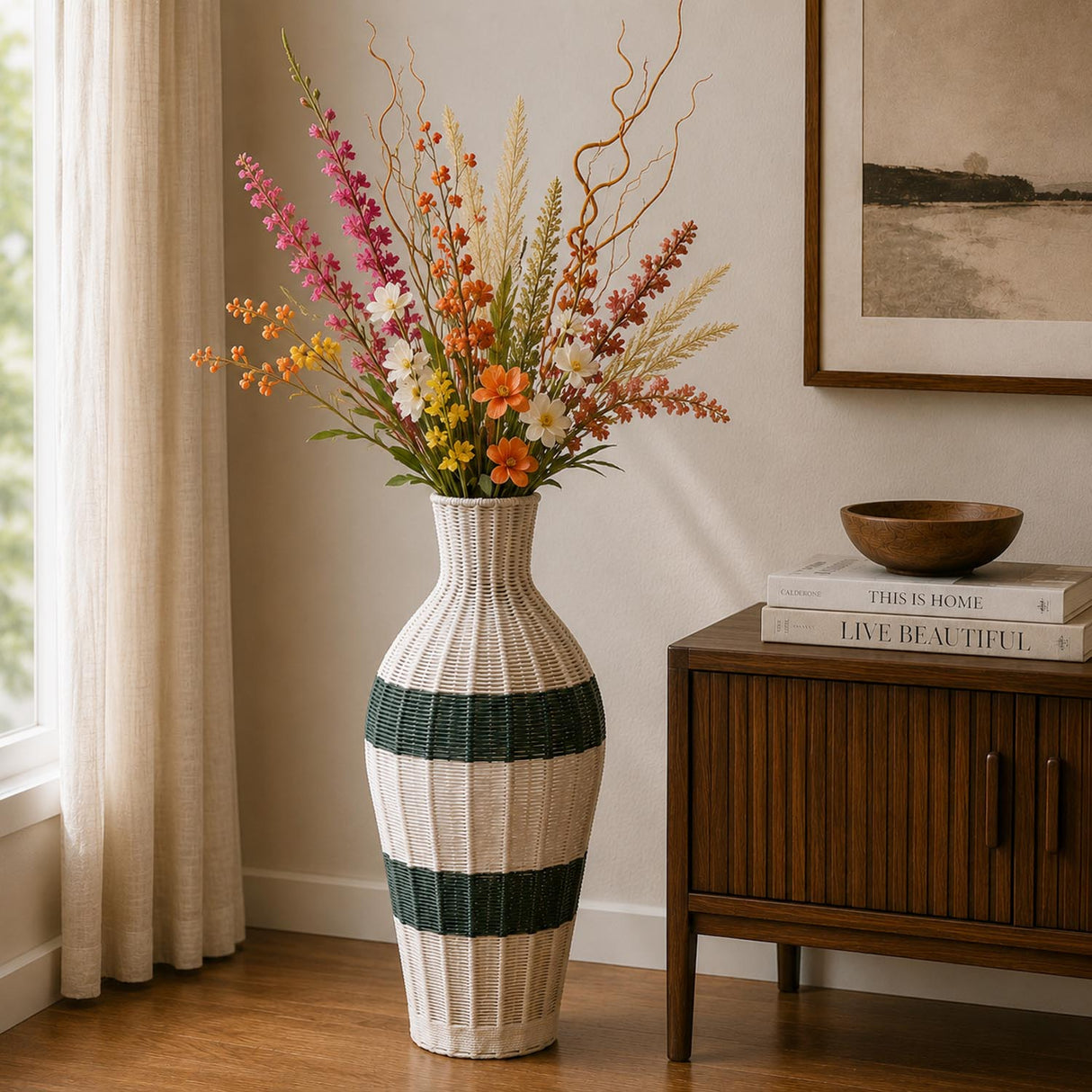 Decorative Woven Cotton and Iron Floor Vase- Green & Beige