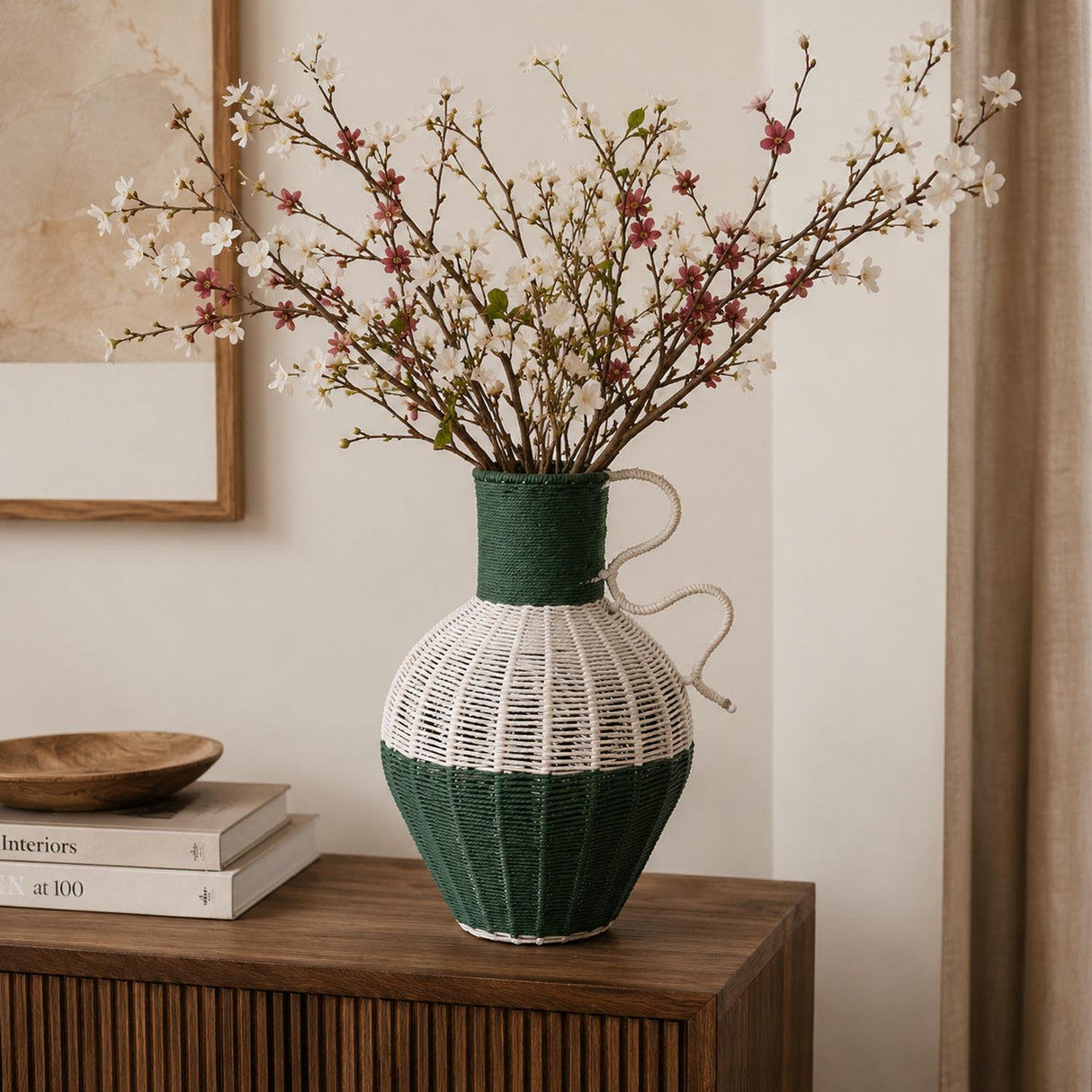 Decorative Two Toned Vase- Green & Beige, Small