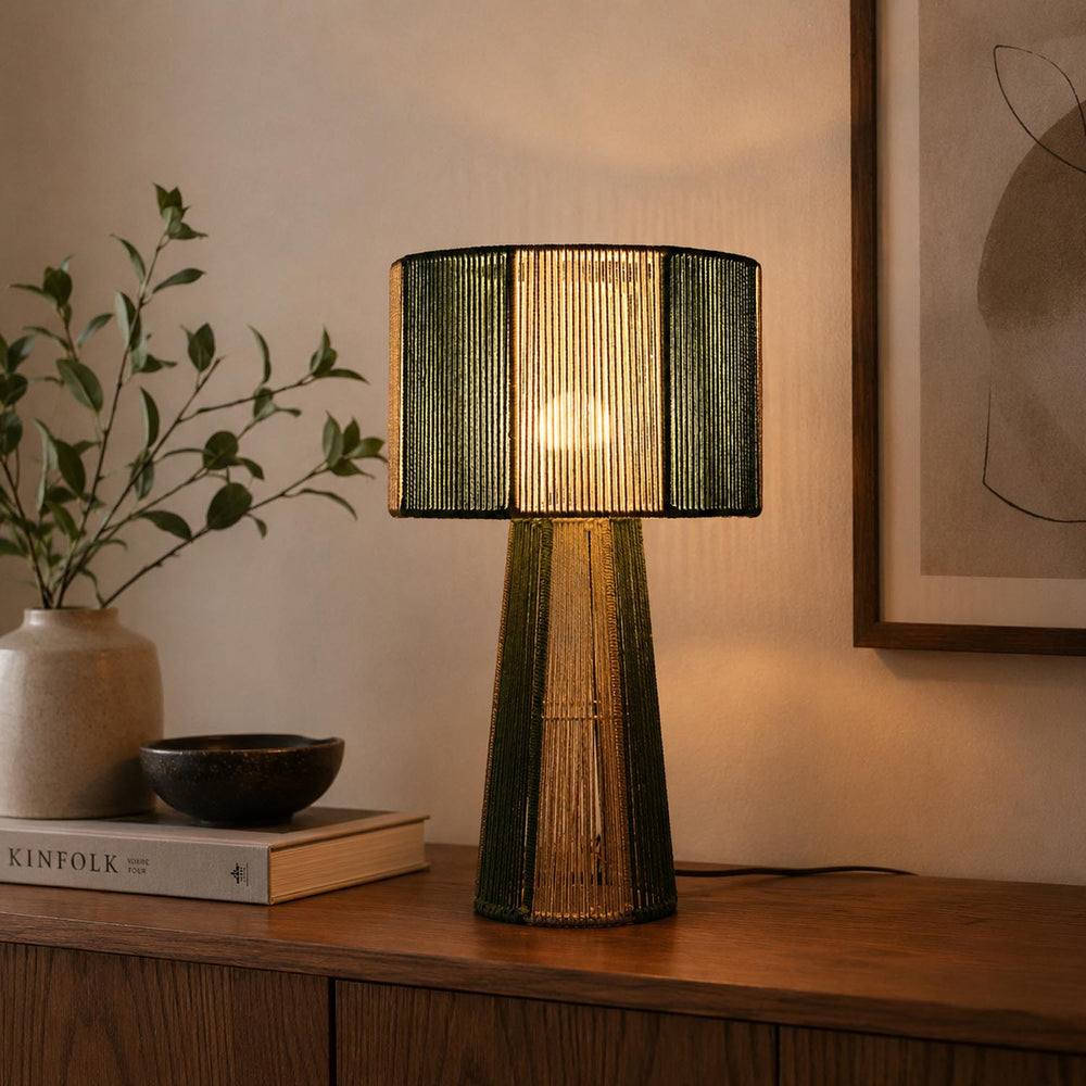 Decorative Cynlindrical Table Lamp- Green & Beige