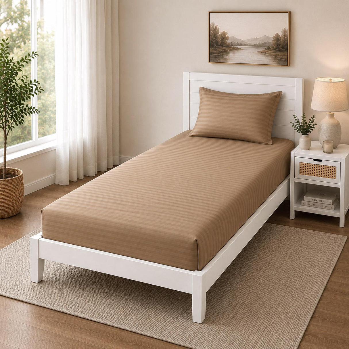 Solid Polyester Single Bedsheet with 1 Pillow Cover- Camel