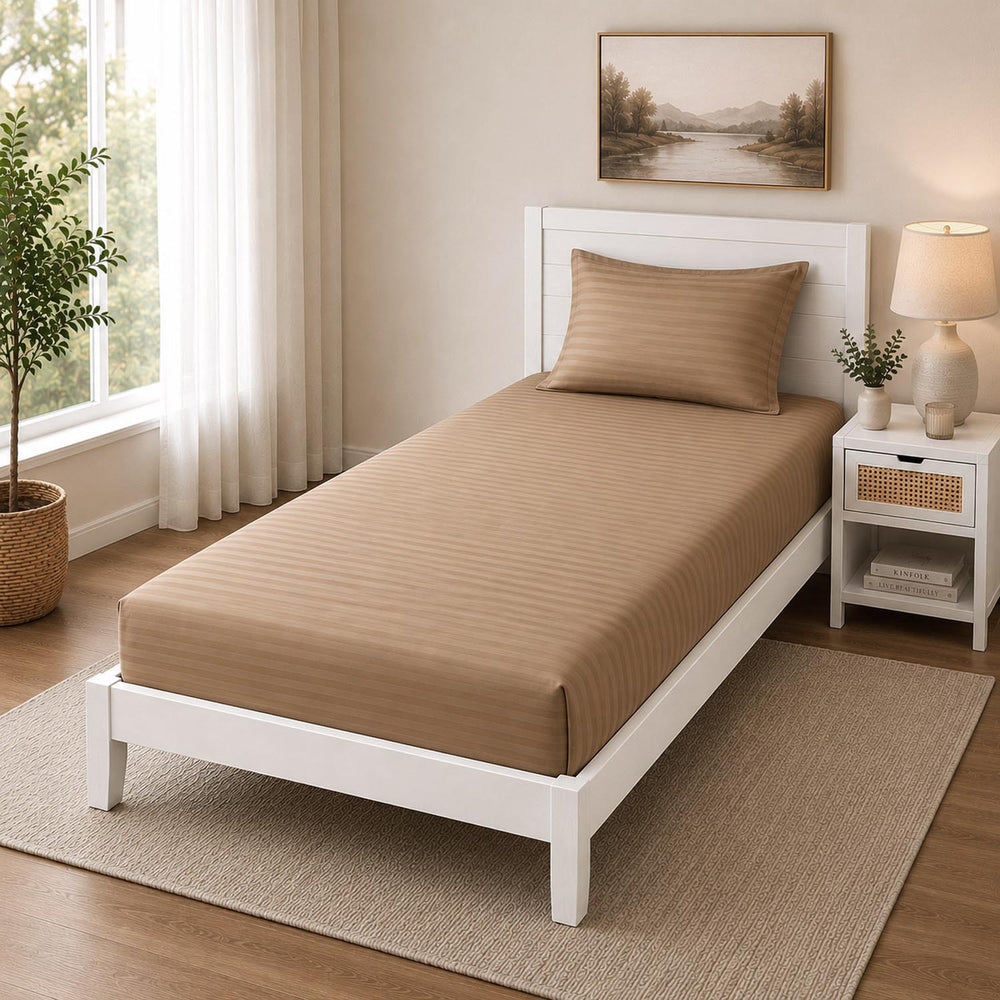 Solid Polyester Single Bedsheet with 1 Pillow Cover- Camel