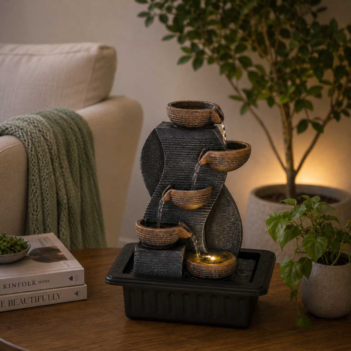 Decorative Five Pots Water Fountain- Grey & Black