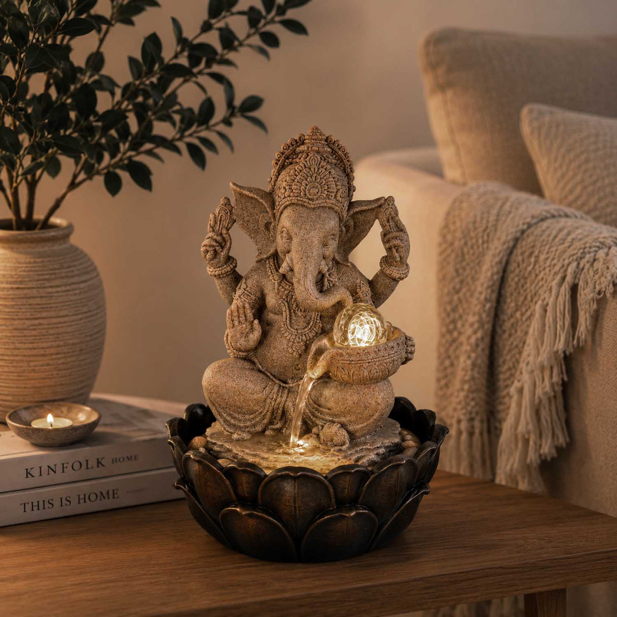 Decorative Ganesha Water Fountain- Sand & Black