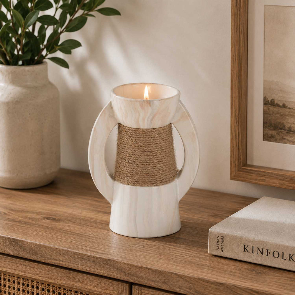 Decorative Ceramic Candle Holder- White & Brown, Large