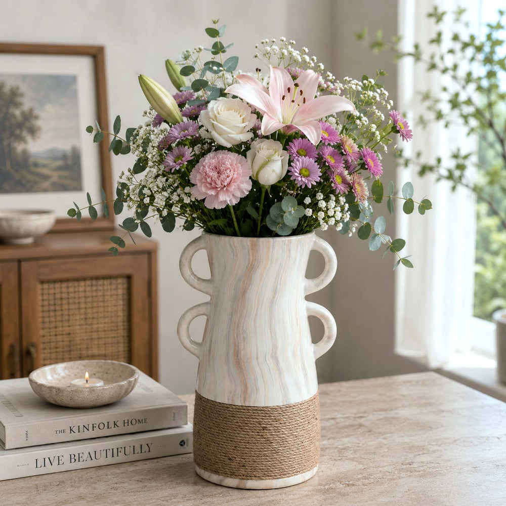 Dual Loop Ceramic Vase- White & Brown, Small
