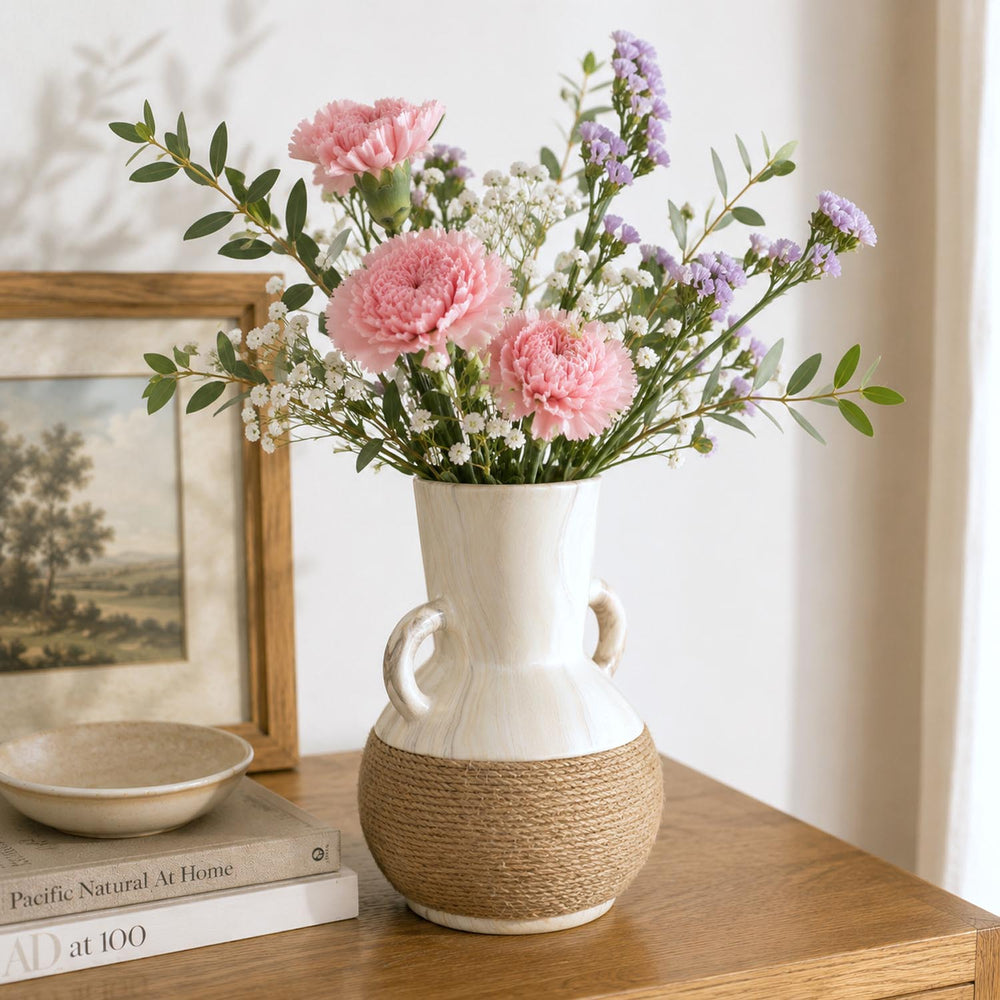Loop Handles Ceramic Vase- White & Brown, 24.5 cm