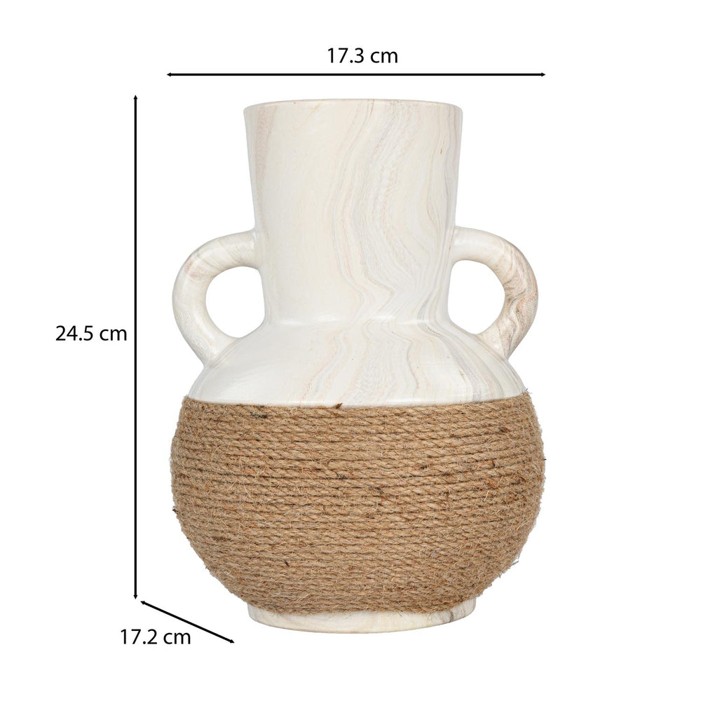 Loop Handles Ceramic Vase- White & Brown, 24.5 cm