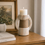 Decorative Ceramic Candle Holder- White & Brown, Small
