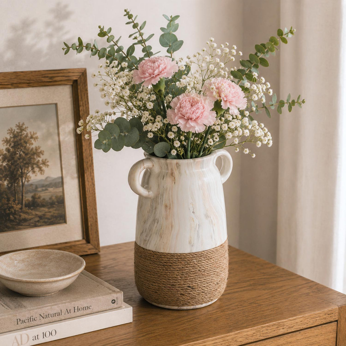 Loop Handles Ceramic Vase- White & Brown, 24.8 cm