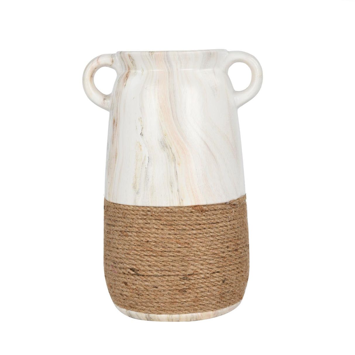 Loop Handles Ceramic Vase- White & Brown, 24.8 cm