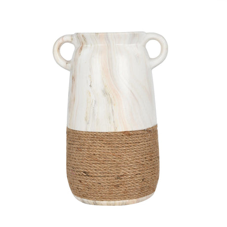 Loop Handles Ceramic Vase- White & Brown, 24.8 cm