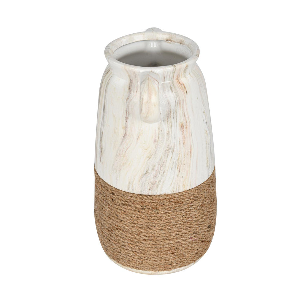 Loop Handles Ceramic Vase- White & Brown, 24.8 cm
